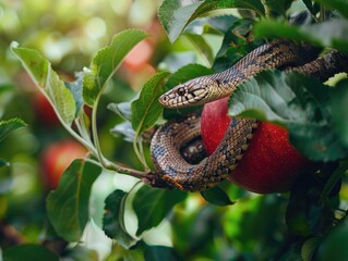 Naklejka premium A snake consuming an apple from a tree branch