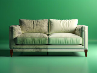 Sofa before and after dry-cleaning in room on green background