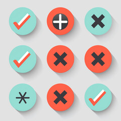 Obraz premium A set of nine round icons with a check mark and an X on them. The icons are arranged in a grid pattern