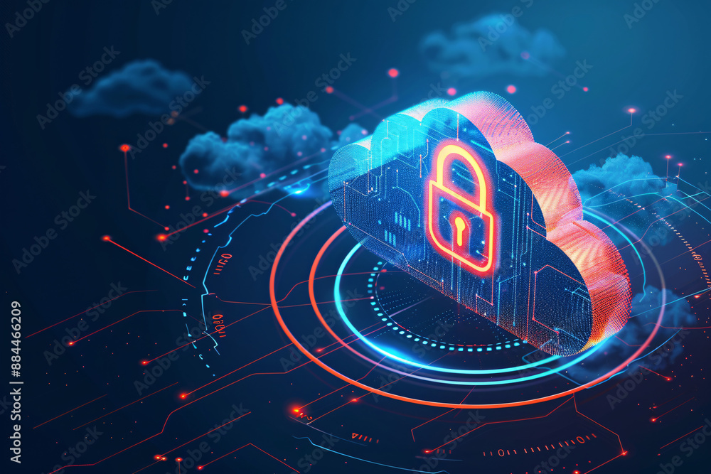 Poster a futuristic illustration of cloud security featuring a glowing lock and cloud with digital circuits