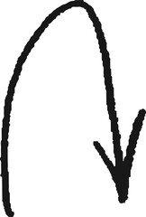 Charcoal hand drawn pencil emphasis arrow. Doodle curved chalk dart. Texture design elements of quirky scribble line. Vector illustration of freehand crayon symbol for hand painted diagrams