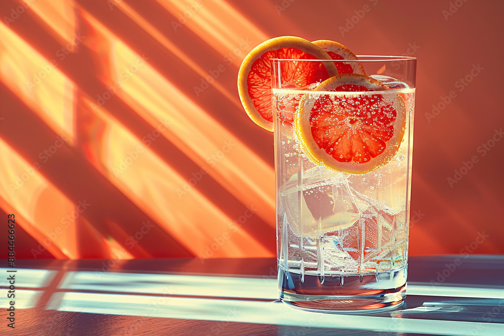 Poster a refreshing glass of sparkling water with ice and grapefruit slices. sunlight casts shadows through