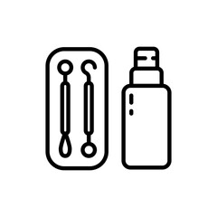 Face skin cleaning tools outline icon set. Problem face care and beauty devices. Stainless steel blackhead acne remover pimple loop, spoon simple sign. Vidal loop for manual cleaning of problem skin