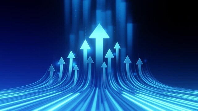 arrows pointing upwards against a dark blue background, symbolizing growth, progress, and success. Ideal for business and technology themes.