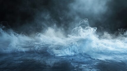 Obraz premium Mystical mist. Swirling smoke in dark and light symphony. Fluid fantasia. Abstract dance of fog and light on floor with black background