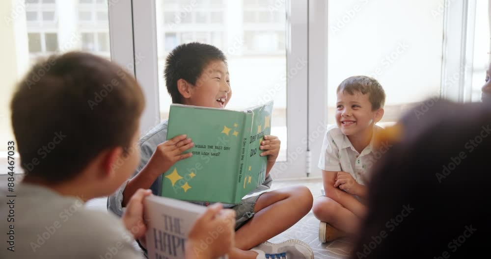 Poster happy, kids and books in classroom together for educational development, group learning and growth. 