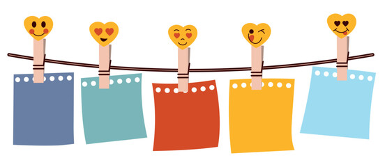 Cute clothes pegs with smiley hearts and a set of colourful paper leaves for notes. Colourful paper hanging on a string