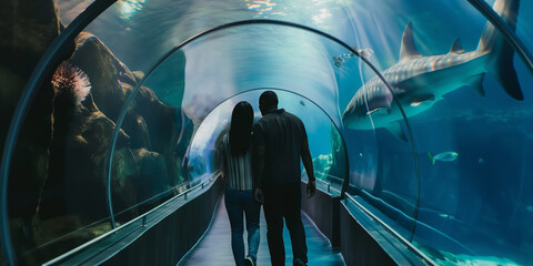 Couple Walking Through Aquarium Tunnel with Sharks and Marine Life