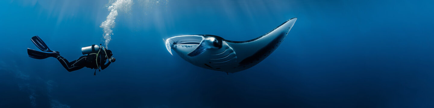 Scuba Diver Exploring Underwater with Majestic Manta Ray in Deep Blue Ocean