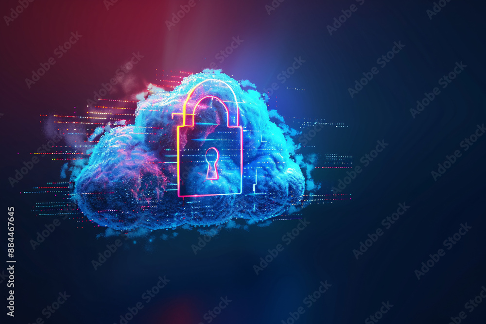 Poster a cloud icon with a lock symbol in neon colors against a dark background representing cybersecurity 