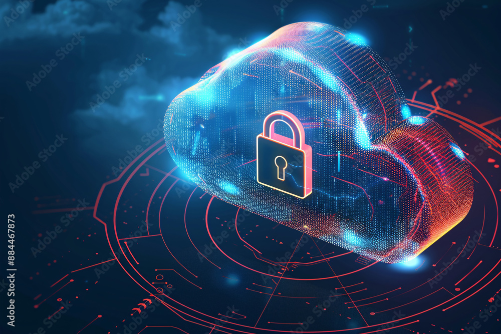 Poster a transparent digital cloud with a lock symbol illuminated by blue and red lights representing secur