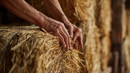 Close up shot of a person's hands stacking hay bales in a rustic barn