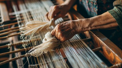 Close up shot of a person's hands working on a loom with a rustic background