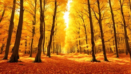 Fototapeta premium orange autumn trees and leaves in the park, sunny autumn natural background landscape