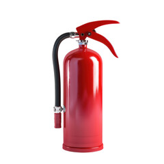 Fototapeta premium Red fire extinguisher with a black hose and red handle, used for fire safety and emergency situations