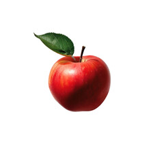 A vibrant red apple with a leaf attached to its stem, isolated on a transparent background