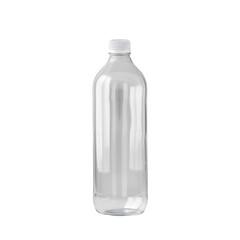 Clear plastic bottle with a white cap, suitable for storing liquids such as water or soda. Simple design with smooth surface