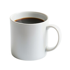 A plain white ceramic mug filled with black coffee