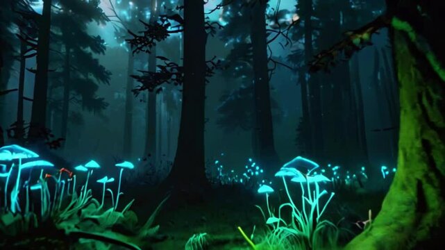 forest with bioluminescent plants, glowing mushrooms, and mythical creatures like fairies and sprites. 4K Animation Landscape Video
