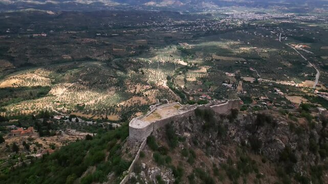 Aerial video over Greece. Peloponnese. Sparta. Mysters Castle.