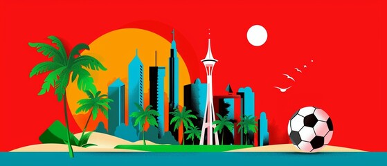 Obraz premium Group traveling for football, discovering new cities, flat design illustration