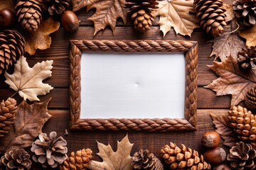 wooden frame on a background of autumn leaves and pine cones