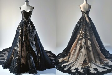 Luxurious black ball gown with intricate lace details displayed on a dress form