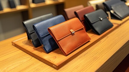 An assortment of stylish, branded wallets in a range of materials and colors displayed on a wooden counter.