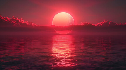 Stunning surreal sunset over calm ocean waters, the sun's vibrant red hues blending with pink clouds, creating a mesmerizing and otherworldly scene