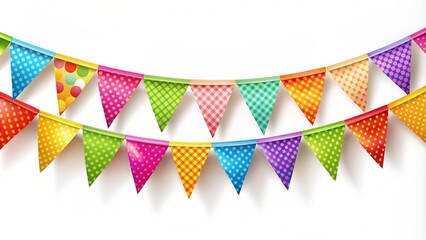 Fototapeta premium Colorful party flags and buntings hanging on white background