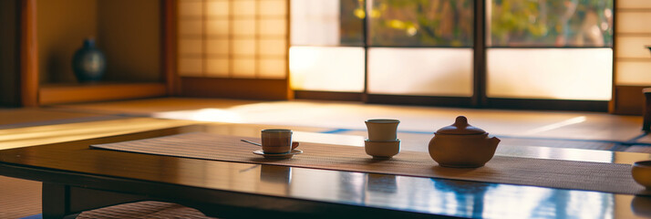 Traditional Japanese Tea Room with Sunlight and Tatami Mats