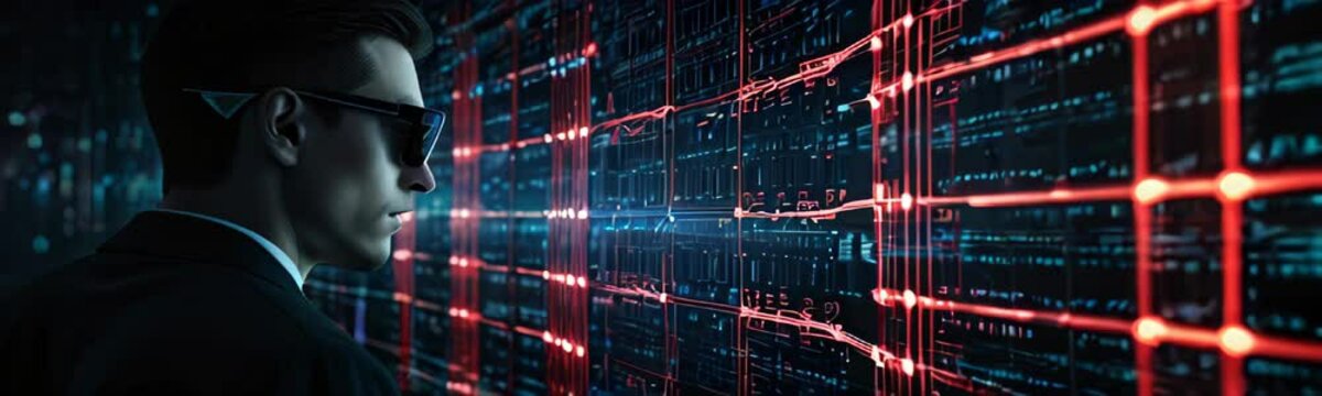 Network security concept. Security guard in black glasses and a suit standing in front of a digital background with glowing red and blue grid lines. Copy space web banner