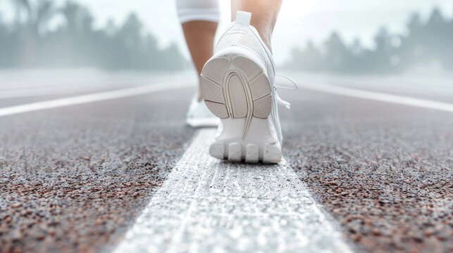 Close-up of a runner's feet in white sneakers on a track, focusing on determination and fitness. Ideal for health and exercise concepts.