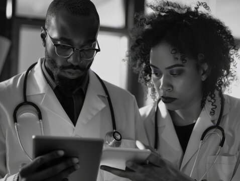 A couple of scientists examining data on a tablet, possibly discussing research findings