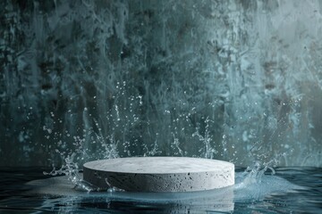 Minimalist concrete podium with water splash on blue background