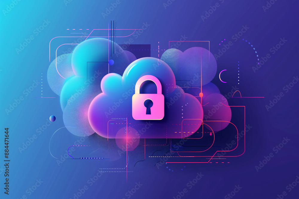 Poster soft pastel-colored cloud with a padlock symbol on a gradient background