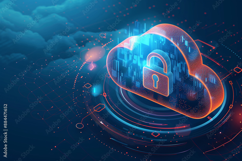 Poster digital lock inside a glowing cloud with futuristic data elements against a dark sky