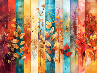 colorful abstract autumnal floral background, vertical sections with vibrant and artistic autumn flowers and plants, and vintage color combination, with a warm and peaceful feel