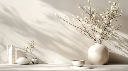 Minimalistic interior with white pottery vases and delicate branches creating a serene and elegant ambiance on a light background.