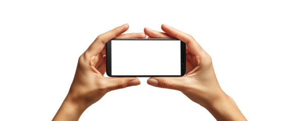 Hands holding black smartphone horizontally with blank screen, isolated on white background, ideal for app and website mock-ups.