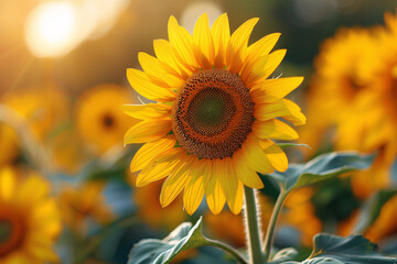Fototapeta premium Close-up of a bright sunflower in full bloom, with a warm, golden background, highlighting the flower's vibrant yellow petals and detailed center