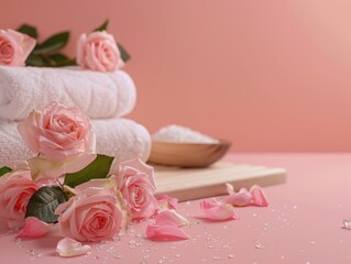 Fresh pink roses and clean white towels, perfect for a relaxing spa day or romantic getaway