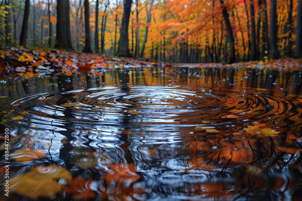 Poster ripples in a forest pond create a mesmerizing pattern, surrounded by fallen autumn leaves and trees 