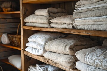 neatly folded linen piled high on wooden closet shelves