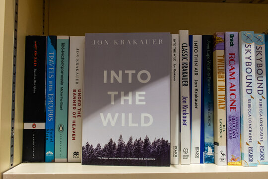 Close-up Jon Krakauer's Into the Wild book in the bookshop.