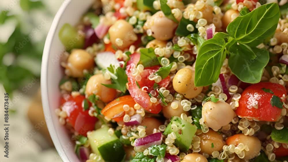 Poster a colorful and refreshing quinoa and chickpea salad tossed in a lemon vinaigrette and sprinkled with