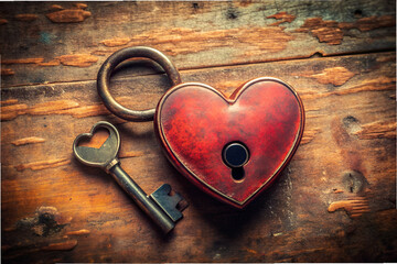 A key and a heart are on a wooden surface. Concept of love and affection