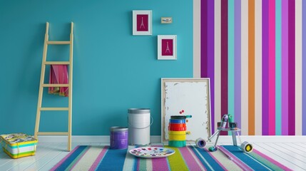 Colorful Room Interior with Painting Supplies