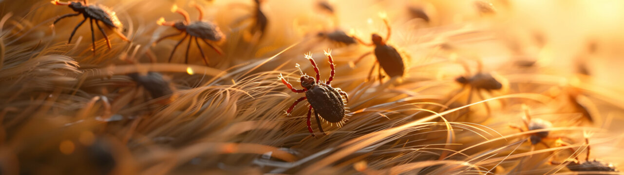 Group of ticks on dog's fur. Concept of danger, illness, parastitism and halthcare.