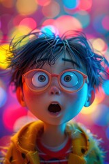 Obraz premium Animated Boy's Wide-Eyed Surprise During Virtual Training